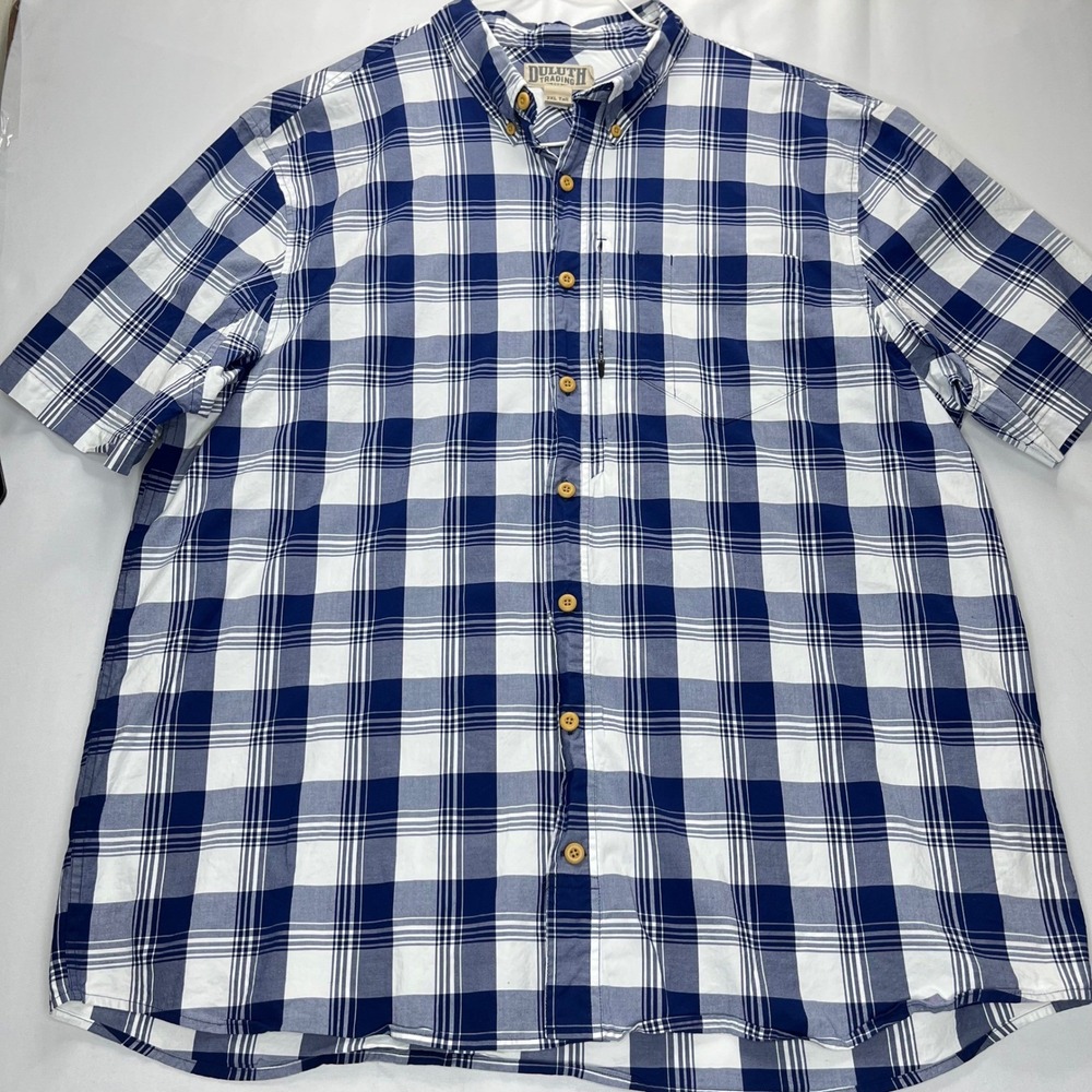 Duluth Trading Co Shirt Mens 2XL Tall Blue White Plaid Cotton Blend Relaxed Fit - Picture 11 of 12